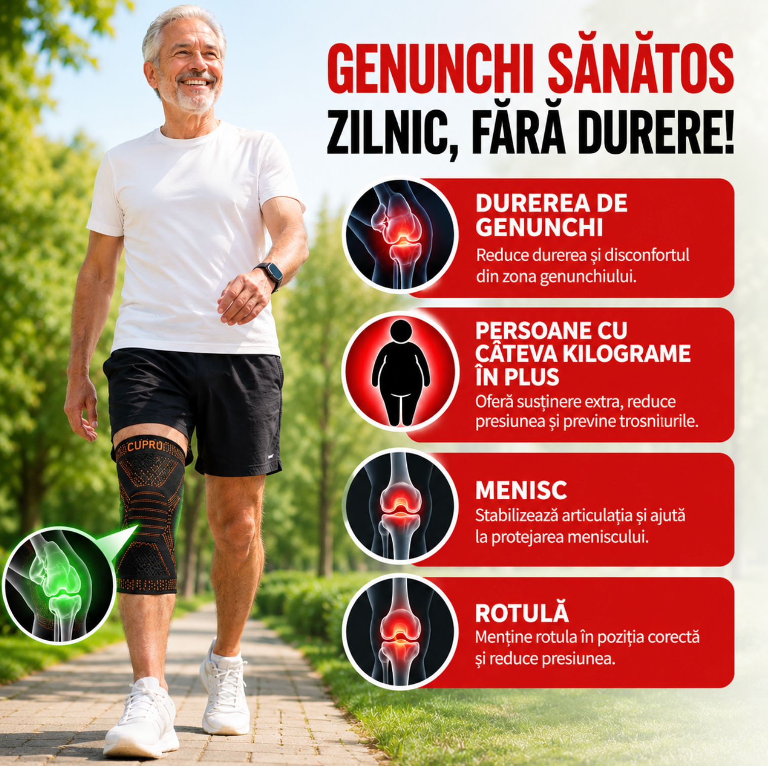 Genunchieră cu Fir de Cupru - Reduce Trosnitul și Durerea de Genunchi